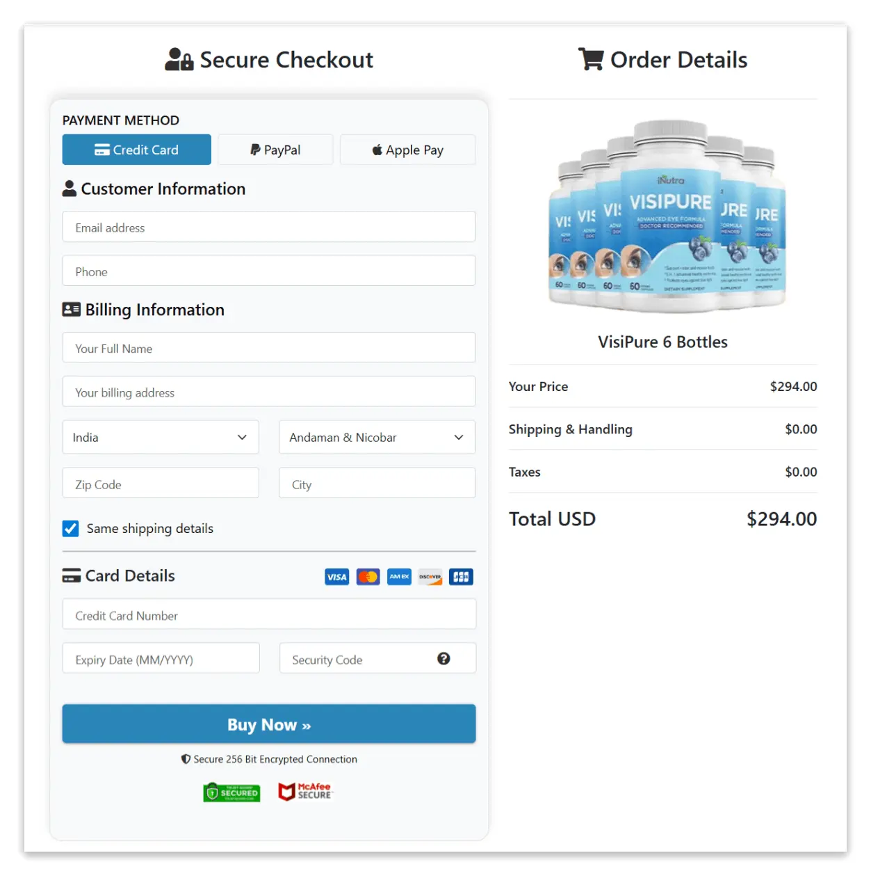 VisiPure Secure Checkout Page